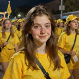 point of view of a person in a big parade at night, everyone have yellow clothes, one girl staring at you smiling, photorealistic portrait oil painting, POV