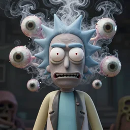 rick and morty exploding head with smoke, eyeballs flying fused with a lovecraft fat bald space zombie  and a pirate patch, laser eye, photo, portrait, 3d, high details, intricate details, by vincent di fate, artgerm julie bell beeple, 90s, Smooth gradients, octane render, 8k, volumetric lightning, High contrast, duo tone, depth of field, very coherent symmetrical artwork