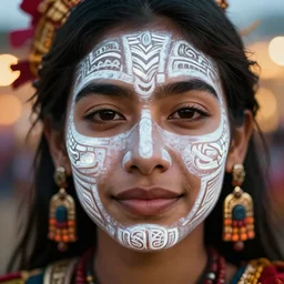 the face of a beautiful calm and happy person at a festival who is covered in ancient aztech white beautiful markings patterns glowing, intricately detailed, beautiful face, detailed eyes, award winning, 8 k