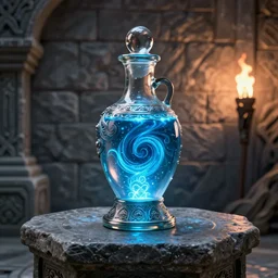 spirit potion containing swirling glowing blue liquid, ancient beautiful intricate glass bottle, on an ancient gray stone table, against a stone gray wall, lit by torchlight, fantasy, CGI, octane render, 8k