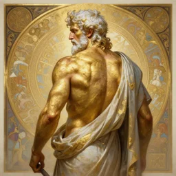 painted back portrait of rugged zeus greek god by greg rutkowski craig mullins artgerm alphonse mucha, messy gold body paint, white hair handsome muscular upper body mature flowing robe [ ancient greek motifs ] background fantasy intricate elegant detailed digital painting concept art artstation sharp focus illustration