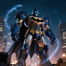 huge robot batman on a city in midnight, glow wave
