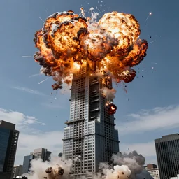 explosion of militech skyscraper, bottom viev, ultra realistic, high details