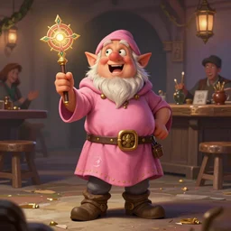 male dwarfish cleric wearing only boots and a pink skirt, holding a holy symbol, he is preaching, he looks like he is insane. the background is a friendly tavern. The mood is friendly and welcoming. dungeons and dragons, highly detailed, digital painting, artstation, concept art, sharp focus, illustration, art by Josh kirby and John romita jr and moebius