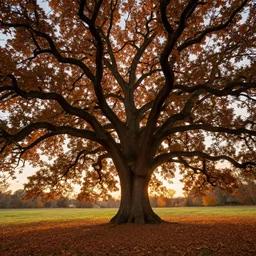 a beautiful, stunning landscape with giant oak trees in the fall during sunset by craig mullins