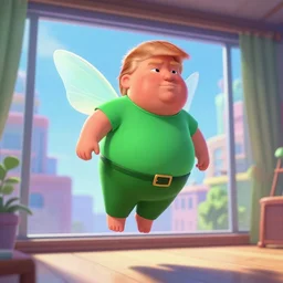fat little ginger donald trump, wearing green shirt, wearing green pants, floating in air in a room, fairy wings, loseup, modern city through window, concept art, artstation, disney, pixar, dreamworks, anime, tyler edlin, feng zhu, jparked, thomas karpi