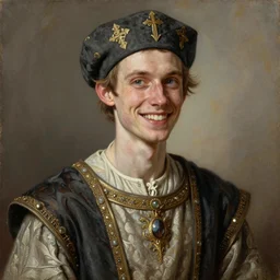 portrait painting of a skinny happy male scribe wearing fancy medieval clothes and a cap, sharp focus, award - winning, trending on artstation, masterpiece, highly detailed, intricate. art by terese nielsen