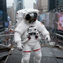 american spacesuit astronaut in postapocalyptic abandoned times square, overcast, high angle, by steve mccurry, by oleg oprisco, by thomas peschak, by nasal, by victor enrich, by gregory crewdson