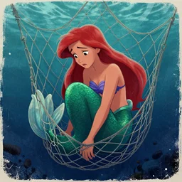 disney poster of the little mermaid trapped in a fishing net, distressed, sad, 4 k, artstation