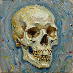 oil paint impasto relief, dramatically lit skull, multi layered thick brush marks, some splattered paint, in the style of ivan shishkin and frank auerbach and van gogh