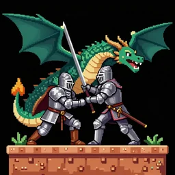 medieval knight killing a dragon, in the style of nintendo game, retro, artstation, pixel art