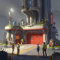 photo environement post futurist fire station : 4, 4 k rtx hdr volume light concept studio matte painting environement digital illustration style art that looks like it is from borderlands and by feng zhu and loish and laurie greasley, victo ngai, andreas rocha, john harris by jesper ejsing, by rhads, makoto shinkai and lois van baar