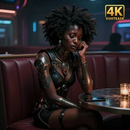 cyberpunk woman [ sitting in a booth, in a club ]!! crying, trending on artstation, sci - fi art, dark fantasy, dark atmosphere, cgsociety contest winner, futurism, afrofuturism, 4 k quality, intricate, detailed