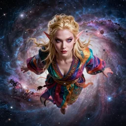 blonde female high elf with crazy eyes in a multicolored robe,floatiung in front of a nebula, D&D, fantasy, intricate, cinematic lighting, highly detailed, digital painting, Artstation, concept art, smooth, sharp focus, illustration, art by Artgerm and Greg Rutkowski, Alphonse Mucha and Rossdraws