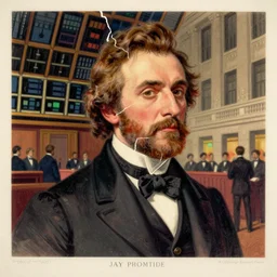 colorful lithograph of a fragmented portrait of Jay Gould blending into the trading pit from the Chicago Board of Trade in 1907