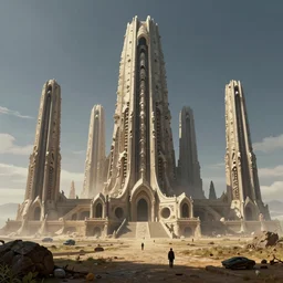 matte painting of mos eisley with towering uninhabited skeletal temple architecture designed by hr giger, great plains, global illumination, volumetric lighting, tom bagshaw, alphonse mucha, 3 5 mm film still, masterpiece, weta digital, high contrast
