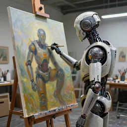 photorealistic illustration of a sci - fi android artist in a modern art studio, making an oil painting on a large canvas, beeple, deviantart, cgsociety, artstation