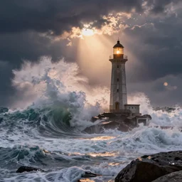 huge waves crashing over a lighthouse on rocks with huge, very huge waves, scenic full shot, ambient lighting, stormy sky, god rays, art nouveau!!!!!!!!!!!!!!!!!!!!