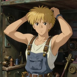portrait of a mechanic adjusting her hair in a cramped and dimly lit bunk, blonde, tank top, overalls, steampunk, ilya kuvshinov face, highly detailed, cel shading, digital painting, anime key visual, artwork by hayao miyazaki and alphonse mucha