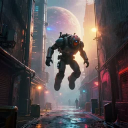 a film still from elysium by ian mcque, an anti - crime unti descends upon an alley on an industrial planet city, vibrant, 5 0 mm lens, video game character and environment design, behance hd, studio, evening, dramatic lighting, misty and raining, cinematic, global illumination, trending on artstation, bloom