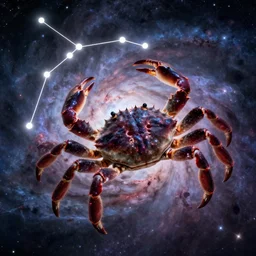 a giant crab constellation flying through a nebula by WLOP and tony sart, fantasy art, 4k, HDR, photorealistic, 8k, trending on artstation