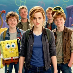 A badass photo of emma watson, daniel radcliffe and Rupert Grint in a spongebob adventure movie by nuri iyem, james gurney, james jean, greg rutkowski, anato finnstark. hyper detailed, 50mm, award winning photography.