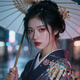 photography face close - up portait of a beautiful young cyberpunk geisha half body in a kimono and with an white umbrella in city with neon lights, ambient lights, rainy day, digital painting, art station, by greg rutkowski