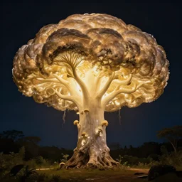 a giant glowing tree that looks like a mushroom cloud
