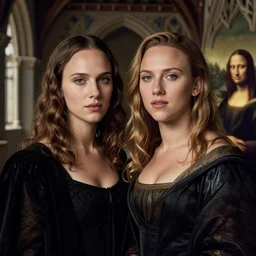 portrait of natalie portman and scarlet johansson, by albrecht durer, jean delville, jan van eyck, da vinci, medieval palace
