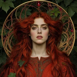 ! dream masterpiece beautiful seductive flowing curves preraphaelite face portrait of evan rachel wood amongst leaves, extreme close up shot, red ochre ornate medieval dress, branching abstract decorate structural circle, halo, amongst foliage, ruby gilded circle halo, kilian eng and frederic leighton and rosetti, 4 k