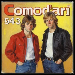 1 9 8 3 retro commodore 6 4 box art. young keith david and roddy piper contra. artgerm. coherent. keith parkinson. oil on canvas