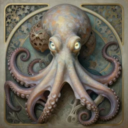 beautiful and exotic octopus queen bust portrait, glowing big eyes, art nouveau declotage, perfect symmetrical facial features, hyperrealistic bone structure, desaturated, beautiful lighting, extremely hyperdetailed, mixed media painting, unreal engine, 8 k, octane, 8 mm, by travis charest, rodney matthews and chris achilleos