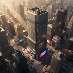 huge modern downtown city, billboards, Times Square, small buildings, dark, concept art, digital painting, style of Ian Hubert, warm lighting, futuristic, volumetric lighting, view from above, daytime, godrays , high detail