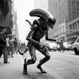 old black and white photo, 1 9 1 3, depicting a xenomorph from the movie aliens rampaging through the bustling streets of new york city, historical record