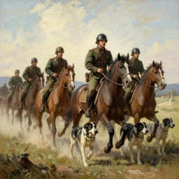 historic world war oil painting with soldiers riding on dogs instead of horses