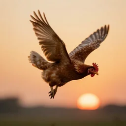 chicken flying to a sunset