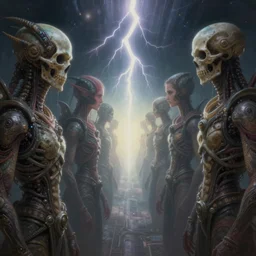 metaphysical scifi cosmic skullpunk creatures in profile by beksinski, art by artgerm, wlop, loish, ilya kuvshinov, muted vaporwave ombre, leading lines, lightning, vanishing point, volumetric lighting, god rays