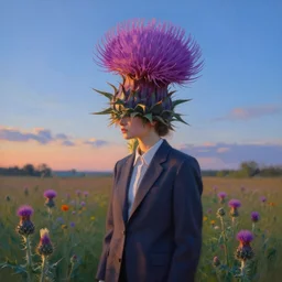 portrait, enormous thistle flower under the head, girl in a suit in a field of flowers, surreal photography, sunrise, blue sky, dramatic light, impressionist painting, digital painting, artstation, simon stalenhag