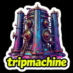 sticker of a rock band, name is tripmachine, on the sticker is a 3 d render of a huge futuristic steampunk power generator, 8 k, fluorescent colors, halluzinogenic, multicolored, exaggerated detailed, silk screen art