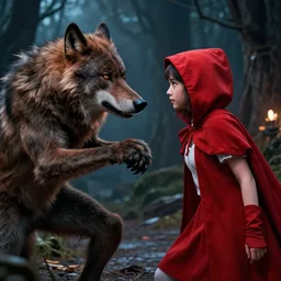Big Bad Wolf vs Red Riding Hood, epic battle, dramatic lighting, cinematic, matte painting