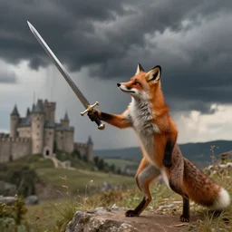 anthropomorphic fox!! who is a medieval knight holding a swo - rd towards a s - tormy thundercloud [ 1 9 3 0 s film still ], ( castle in the background )