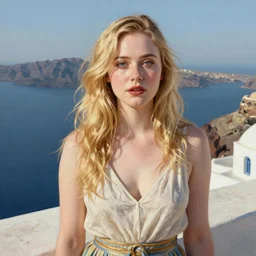 ultra realistic medium shot portrait painting of elle fanning in santorini, art by frank frazetta, 4 k, ultra realistic, highly detailed, epic lighting