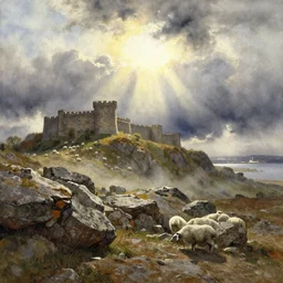watercolor painting of rocky land, rough terrain, stone castle fortress on top of the hill, sheep, sunshine and sun rays, art by anders zorn, wonderful masterpiece by greg rutkowski, beautiful cinematic light, american romanticism by greg manchess, creation by tyler edlin, stormy puffy clouds and harbour in distant background, foggy