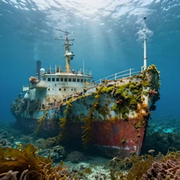 portrait of a sunken overgrown ship, by caspar david friedrich, moss, kelp, great barrier reef, trending on artstation hq, hyperrealistic, realism, 8 k
