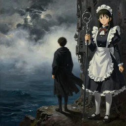 baroque oil painting anime key visual concept art of wanderer above the sea of fog 1 8 1 8 with anime maid, brutalist, dark fantasy, rule of thirds golden ratio, fake detail, trending pixiv fanbox, acrylic palette knife, style of makoto shinkai studio ghibli genshin impact jamie wyeth james gilleard greg rutkowski chiho aoshima