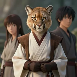 beautiful portrait of a female anthropomorphic mountain lion fursona wearing jedi robes. gloves. character design by charlie bowater, ross tran, artgerm, and makoto shinkai, detailed, soft lighting, rendered in octane