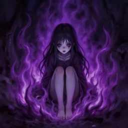 young creepy girl sitting inside circle of dark !purple fire!, painted by raymond swanland, little nightmares, detailed,
