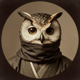 a mask of owl wearing by ninja, photo studio, cinematic lighting, shallow focus, circa 1 6 0 0 s, old photo, realistic photo, realistic, ultra realistic, old, grain, noise, scratch, japanese style, brownish, history, photo history, potrait, in a circle frame