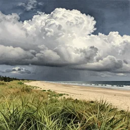 landscape of the beach, clouds, day ; detailed illustrations, pastel tones, dark colors, clear lines, by jordan grimmer, huge scene, grass, art greg rutkowski