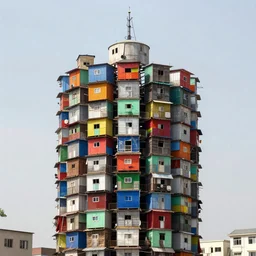 a tower made up of colourful makeshift squatter shacks, dystopia, sony a 7 r 3, f 1 1, fully frontal view, photographed by jeanette hagglund, ultra detailed,